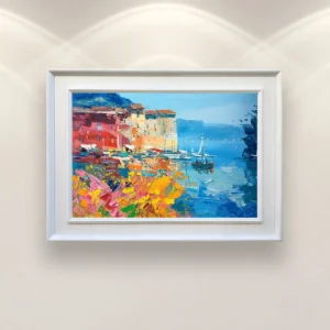 Portofino harbor oil painting on canvas displayed in a bright living room, hand-painted modern impressionist artwork with colorful boats and reflected coastal light.
