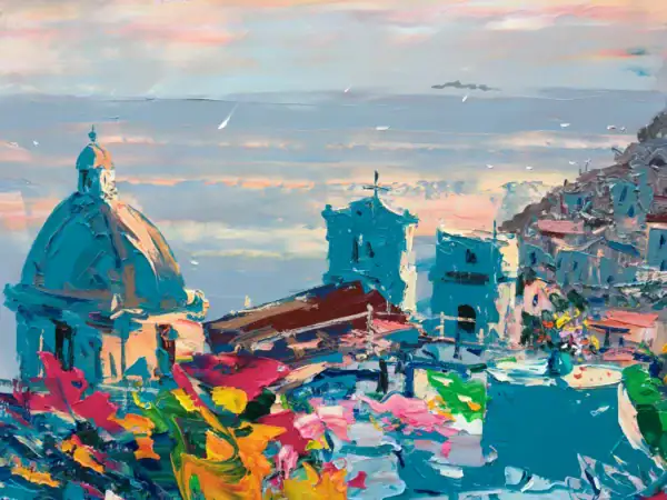 Close-up detail of the church dome in a Positano sunset painting, showing the masterful palette knife texture and the glow of evening light.