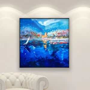 Positano deep blue water oil painting on canvas displayed above a white sofa, featuring intense blue tones, reflective water surface, and modern impressionist coastal atmosphere.