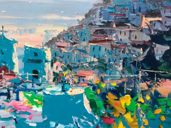Close-up of the hillside houses in Positano at sunset, highlighting the rich, expressive palette knife technique of Agostino Veroni.