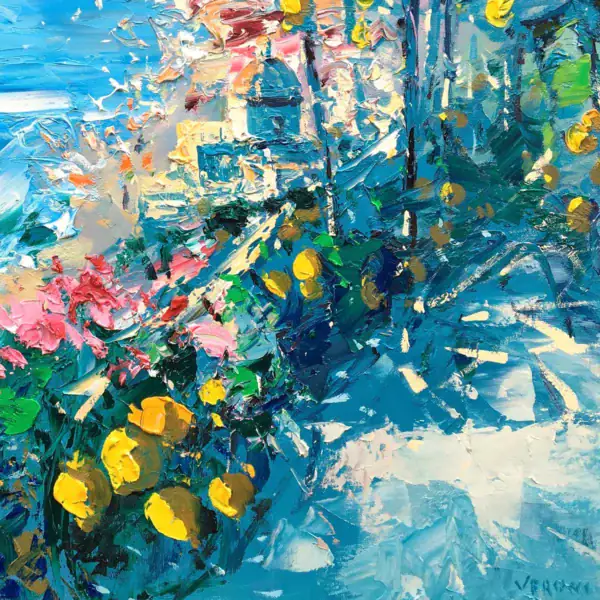 Close-up detail of yellow lemons and green leaves on a Positano coastal path, highlighting the thick palette knife texture and vibrant colors.