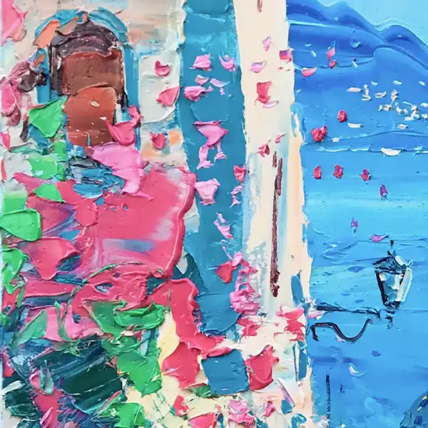 Close-up of bright pink flowers and white architectural details in an original Positano painting, showing heavy impasto and expressive brushwork.