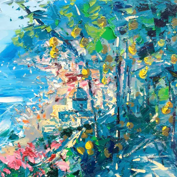 Close-up of bright pink flowers and the distant Positano coastline in an original oil painting, showcasing rich textures and coastal light.