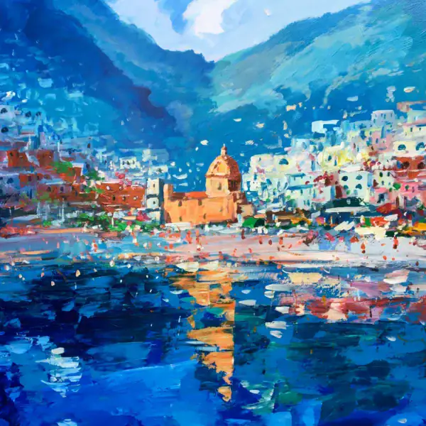 Close-up detail of a white sailboat and golden church reflections in an original Positano oil painting, showing the thick palette knife impasto on the blue water.
