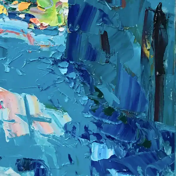 Close-up detail of the deep turquoise shadows and street textures in an original Positano oil painting, featuring thick palette knife impasto.