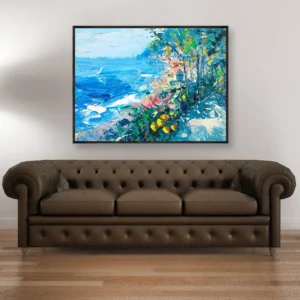 Positano windy sea oil painting on canvas displayed above a brown sofa in a modern living room, showing dynamic blue water, expressive brushstrokes, and vibrant coastal movement.
