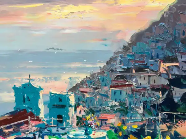 Detailed view of the sunset sky and sea reflections in an original oil painting, showcasing heavy impasto strokes and vibrant turquoise shadows.