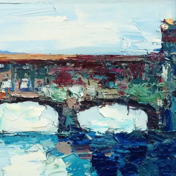 Close-up of the arches and vibrant water reflections in the Ponte Vecchio oil painting, highlighting the expressive palette knife technique.