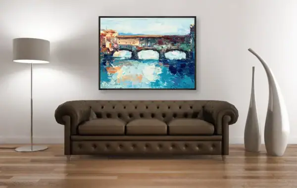 Original Florence landscape painting by Agostino Veroni styled above a classic brown leather Chesterfield sofa, showing its timeless appeal.