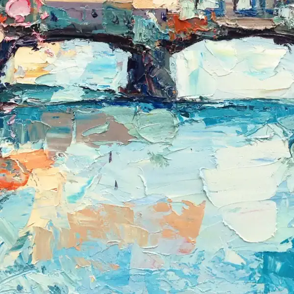 Artistic close-up of the turquoise and azure brushstrokes representing the Arno river in Agostino Veroni's Florence cityscape.