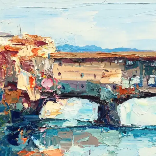 Macro detail of the thick oil paint and palette knife texture on the historic buildings of Ponte Vecchio in Agostino Veroni's painting.