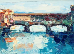 An original Ponte Vecchio Florence oil painting by Agostino Veroni, depicting the iconic bridge over the Arno river with vibrant colors and heavy impasto texture.