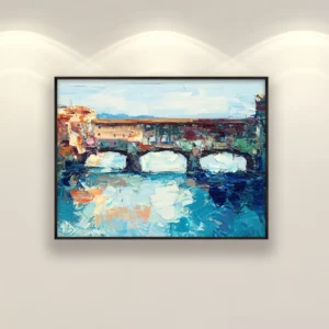 Ponte Vecchio Florence Arno River oil painting on canvas displayed in a modern living room interior