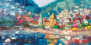 Original panoramic oil painting of Positano by Agostino Veroni, showing the colorful coastal town, golden church dome, and a vibrant turquoise sea with thick palette knife textures.