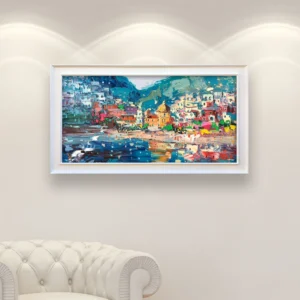 Positano panoramic reflections oil painting on canvas displayed in a bright interior, wide coastal composition with village reflections and flowing light