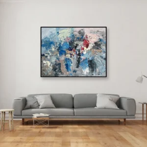 Expressive abstract oil painting on canvas displayed in a modern living room, original hand-painted artwork with rich texture and dynamic brushstrokes above a contemporary sofa