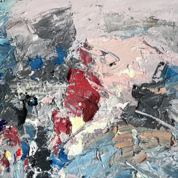 Macro artistic detail of the red and neutral oil paint blends in Agostino Veroni's modern expressionist canvas, showcasing his unique technique.