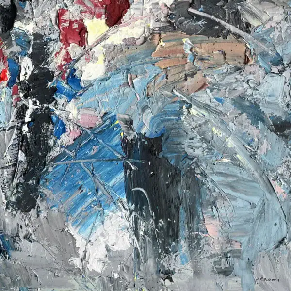 Extreme close-up of the heavy impasto and sculptural palette knife strokes in Agostino Veroni's abstract painting, showing the rich oil paint layers.