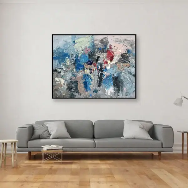 Original abstract texture oil painting by Agostino Veroni displayed above a contemporary grey sofa, ideal for modern living room wall decor.