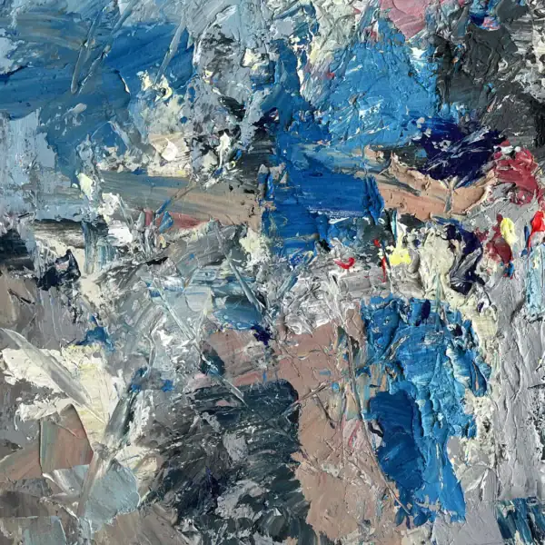 Detailed view of the vibrant blue and earth tones in the abstract painting by Agostino Veroni, emphasizing the tactile and expressive texture.