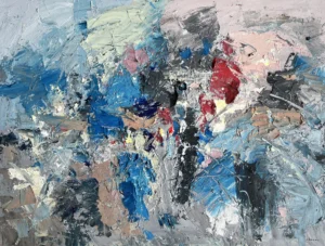 An original abstract texture oil painting by Agostino Veroni, featuring bold colors and thick palette knife strokes in a modern expressionist style.