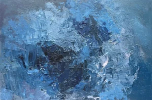 An original blue abstract oil painting by Agostino Veroni, featuring deep indigo and azure tones with heavy impasto texture and palette knife strokes.