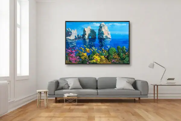 Contemporary living room setup with a large-scale Capri oil painting by Agostino Veroni hanging above a sofa, ideal for modern home galleries.