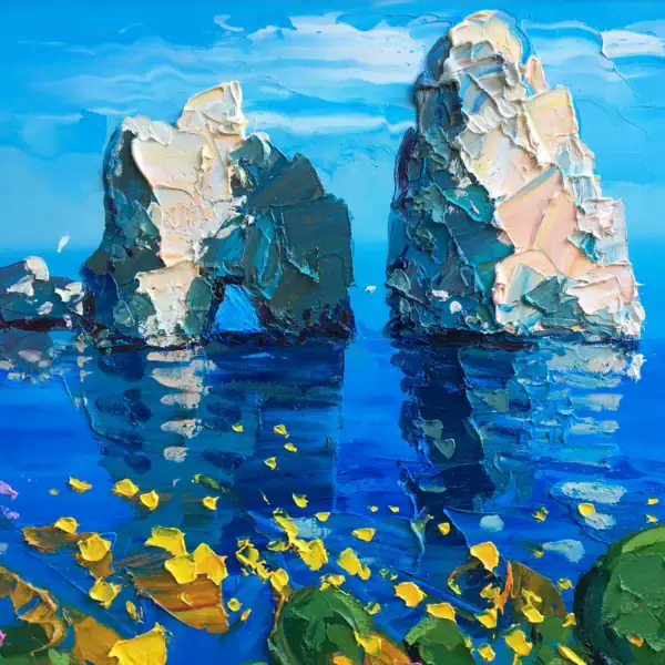 Architectural detail of the Faraglioni rocks in Capri, showcasing the thick palette knife strokes by Agostino Veroni.
