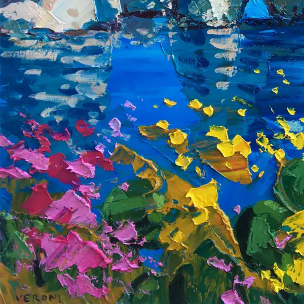 Close-up of the heavy impasto texture on pink bougainvillea and turquoise water in Agostino Veroni's Capri oil painting.