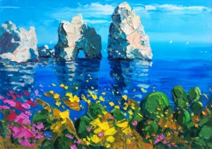 A vibrant original Capri oil painting of the Faraglioni rocks with turquoise water and green prickly pears in the foreground, painted with heavy impasto by Agostino Veroni.