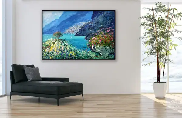 Large original oil painting of a Positano terrace view by Agostino Veroni, hanging in a minimalist lounge area with a black leather chaise longue.