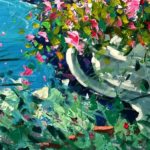 Close up of the rich oil pigments and vibrant Mediterranean colors used in the Positano landscape painting, by Agostino Veroni, item 1304.
