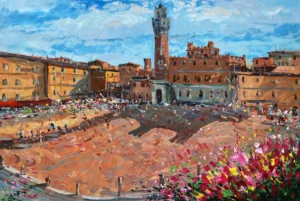 Original oil painting of Piazza del Campo in Siena featuring the Torre del Mangia and Palazzo Pubblico with vibrant flowers in the foreground, painted by Agostino Veroni.