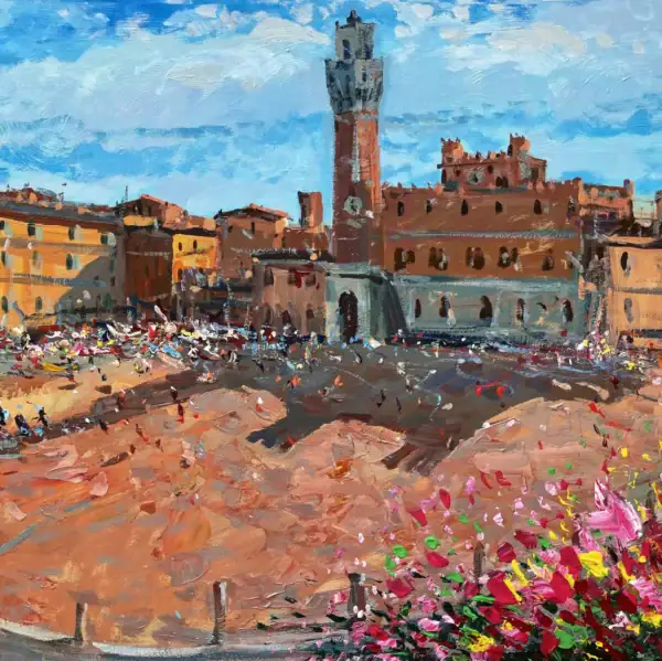 Siena original oil painting of Piazza del Campo in Siena featuring the Torre del Mangia and Palazzo Pubblico with vibrant flowers in the foreground, painted by Agostino Veroni.