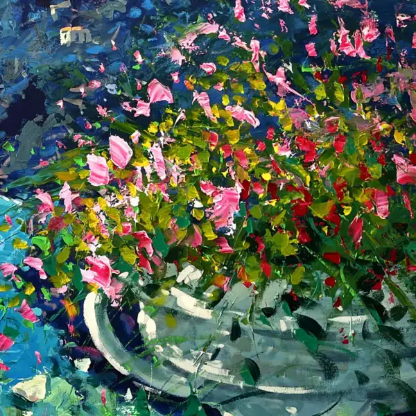Extreme close-up of the rich floral textures and palette knife work in an original Positano oil painting by Agostino Veroni.