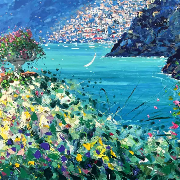 Close-up detail of the distant houses of Positano and the blue Mediterranean sea in an original oil painting by Agostino Veroni, showing soft palette knife strokes.