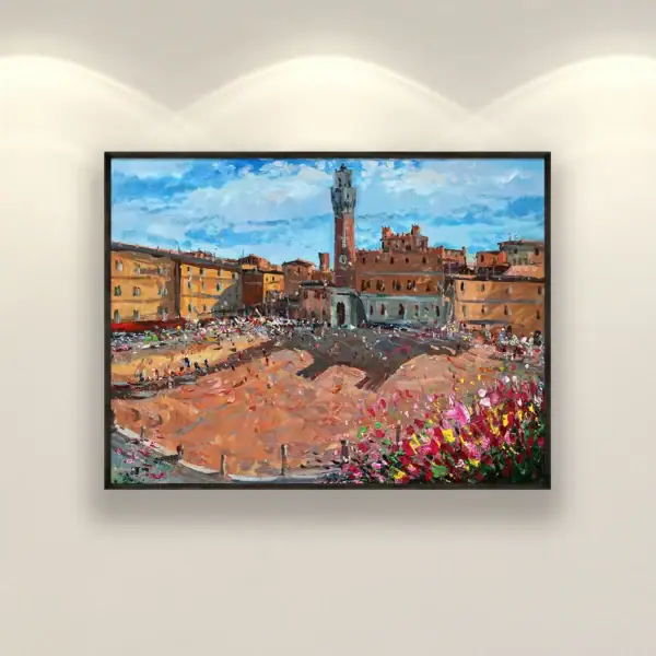 Original Piazza del Campo Siena oil painting by Agostino Veroni, displayed in a modern, elegant living room setting with soft spotlighting, showcasing how it complements contemporary decor.
