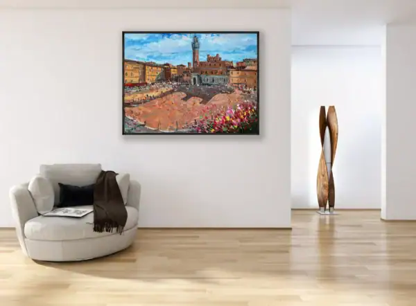 Original horizontal Piazza del Campo Siena oil painting by Agostino Veroni, hanging in a minimalist modern hall above a low armchair, next to a sculptural piece, perfect for artistic home decor.