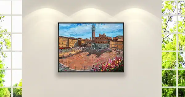 Original Siena landscape oil painting by Agostino Veroni, presented in a sleek frame within a stylish office or study setting, creating a sophisticated Tuscan atmosphere.