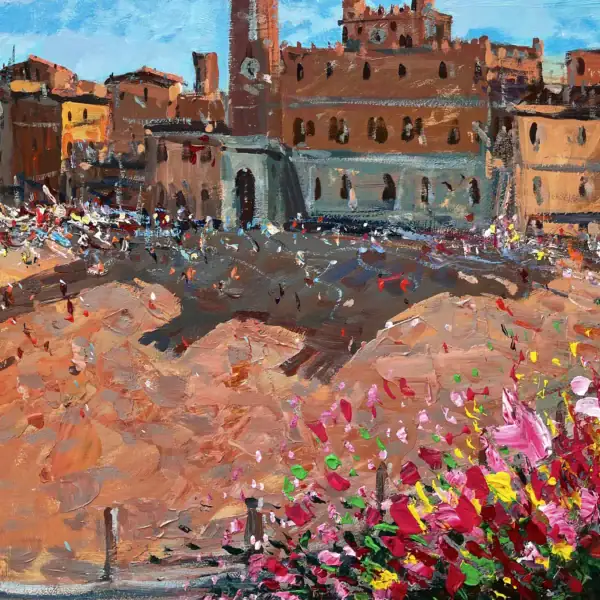 Close-up detail of the Torre del Mangia and the terracotta-colored square from Agostino Veroni's Siena oil painting, highlighting the textured palette knife and impasto technique.