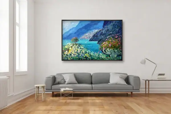 Agostino Veroni's original Positano terrace oil painting displayed in a contemporary living room setting above a grey fabric sofa.