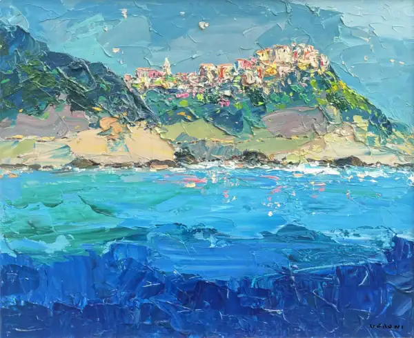 A colorful oil painting of Corniglia, Cinque Terre, showing the village perched on a steep cliff overlooking a turquoise sea with white crashing waves, created in heavy impasto texture by Agostino Veroni.