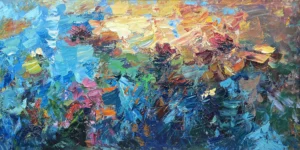 A colorful impressionist oil painting of a water lily pond with vibrant pink, red, and yellow blossoms floating on textured blue and turquoise water, handcrafted by Agostino Veroni.