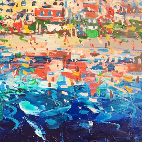 Close-up of the deep blue Mediterranean sea and vibrant water reflections in a Positano oil painting, highlighting the palette knife technique.