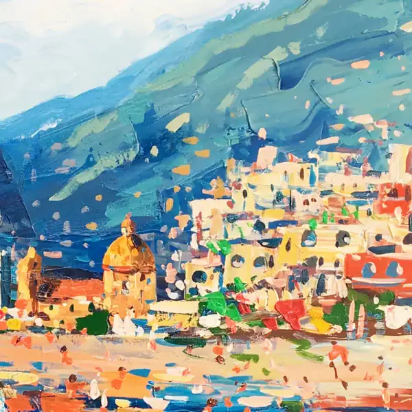 Detailed view of the colorful houses and the golden church dome of Positano in an original oil painting by Agostino Veroni, showing rich impasto strokes.