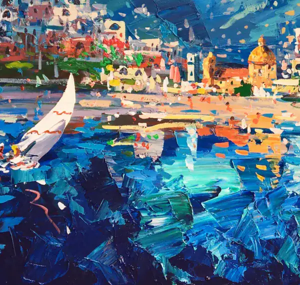 Macro detail of a white sailing boat on the water from an original Positano oil painting by Agostino Veroni, showing thick textured paint.