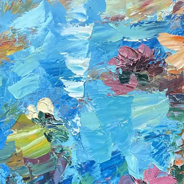 Texture detail of the pond's surface showing dynamic shades of sky blue and turquoise with sculptural impasto floral accents by Agostino Veroni.