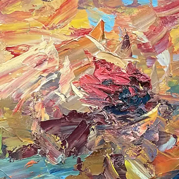Detailed view of the sun-drenched section of the pond painting, featuring warm yellow, orange, and red oil paint layers by Agostino Veroni.