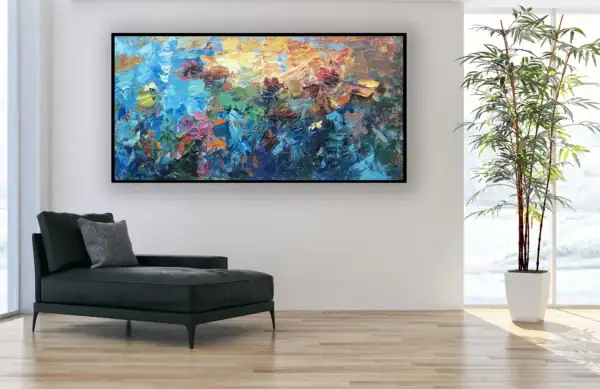 Impressionist water lilies pond painting exhibited in a minimalist open space next to a black designer chaise longue, highlighting Agostino Veroni's style.