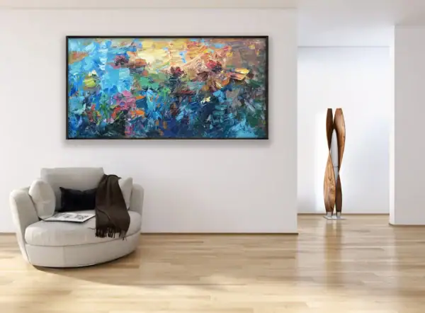 Frontal view of the water lilies painting in a contemporary office hall or gallery setting with a wooden sculpture, showcasing the scale of Agostino Veroni's art.